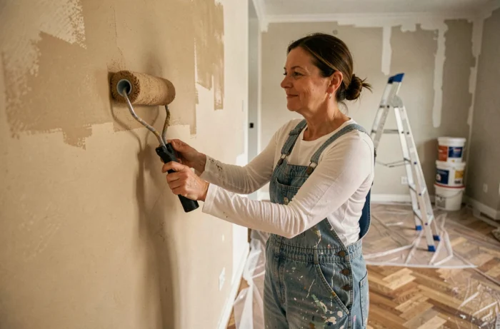 Femme en salopette en train de peindre un mur de salon en beige lors de travaux de rénovation intérieure