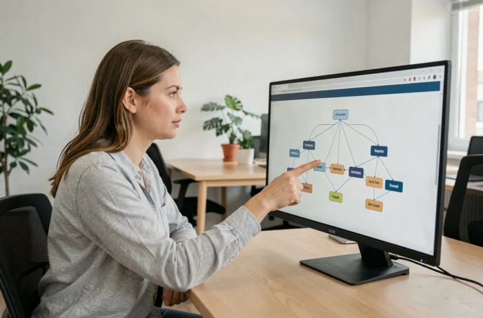Femme pointant un plan de site hiérarchique sur un écran d'ordinateur dans un bureau moderne