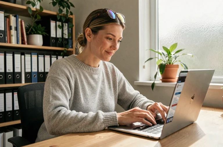 Femme cherchant des offres d'emploi en ligne sur un ordinateur portable dans un bureau à domicile moderne