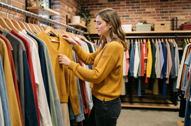 Femme dans la trentaine qui choisit des vêtements tendance dans une friperie moderne et bien organisée, touchant un pull en maille moutarde
