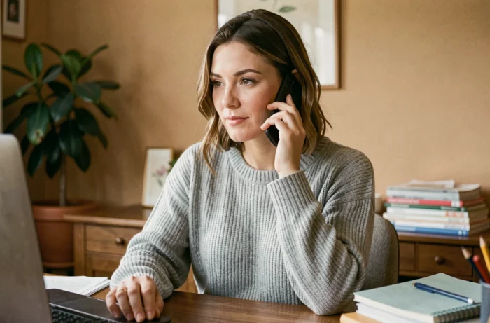 Femme au téléphone justifiant une absence avec tact depuis son bureau à domicile