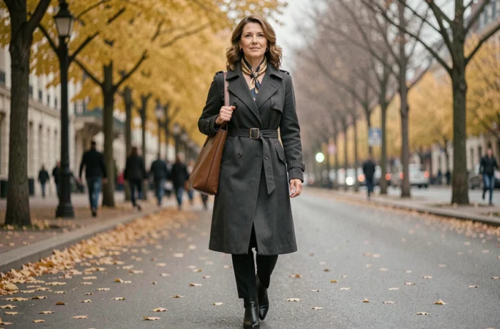 Femme en trench-coat ceinturé portant un foulard en soie et des bottines en cuir marchant sur une avenue parisienne bordée d'arbres aux couleurs d'automne