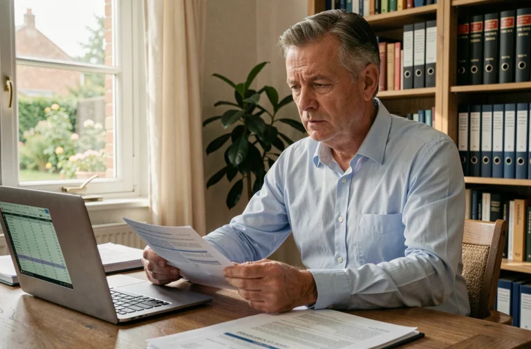Propriétaire français analysant les documents fiscaux de sa location saisonnière sur un bureau en bois à domicile