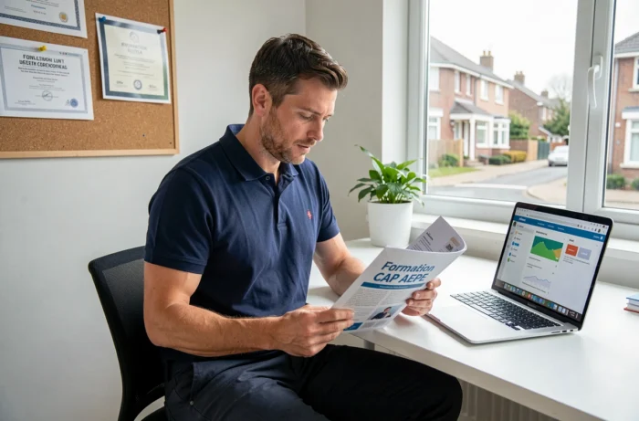 Homme adulte en reconversion étudiant le CAP AEPE à domicile sur une formation en ligne pour travailler avec les jeunes enfants