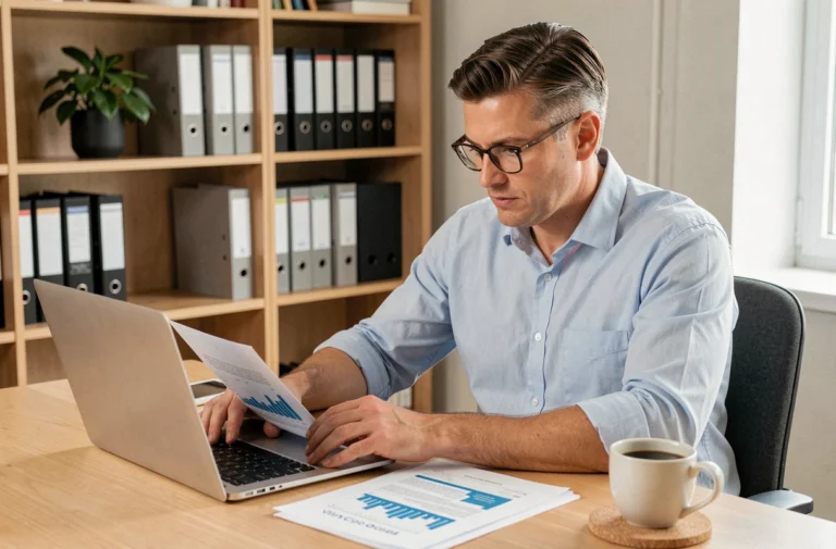 Homme en chemise bleue analysant des documents financiers sur un bureau en bois dans un bureau à domicile moderne