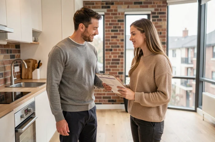 Gestionnaire immobilier accompagnant une locataire lors d'une visite professionnelle d'appartement