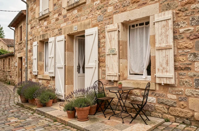 Façade de gîte provençal en pierre typique proposé à la location saisonnière dans un village français