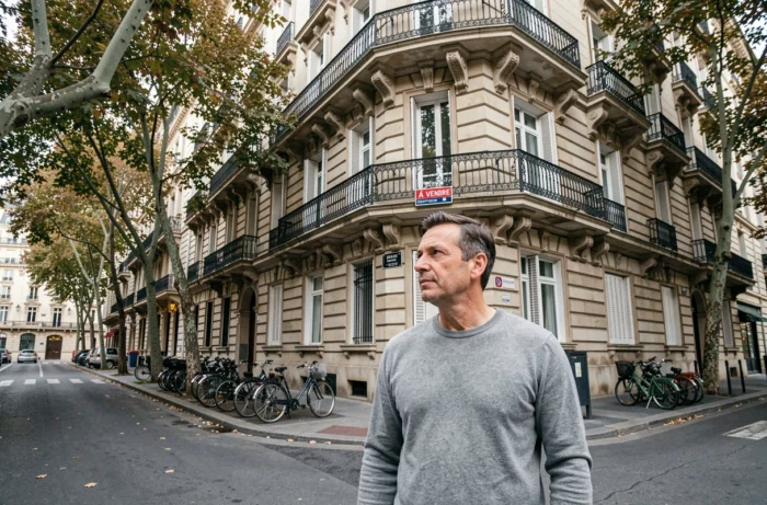 Homme observant une annonce de vente immobilière sur une façade haussmannienne du quartier Monplaisir à Lyon