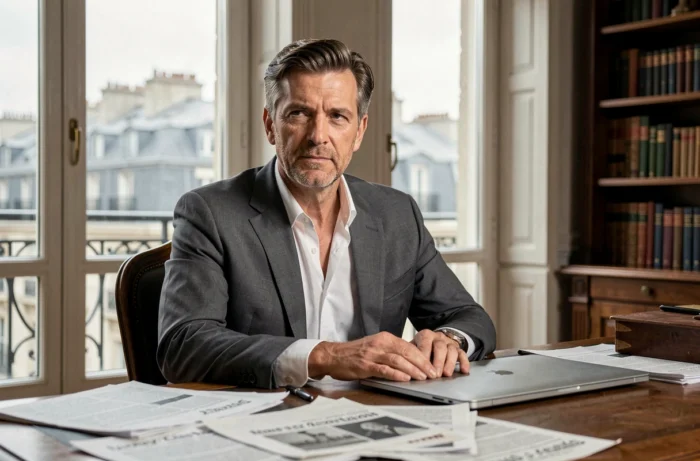 Homme en costume gris assis dans un bureau parisien avec des documents de presse, évoquant une personnalité publique médiatique