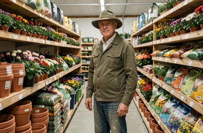 Homme choisissant des plantes vivaces et des pots en terre cuite dans un rayon de jardinerie