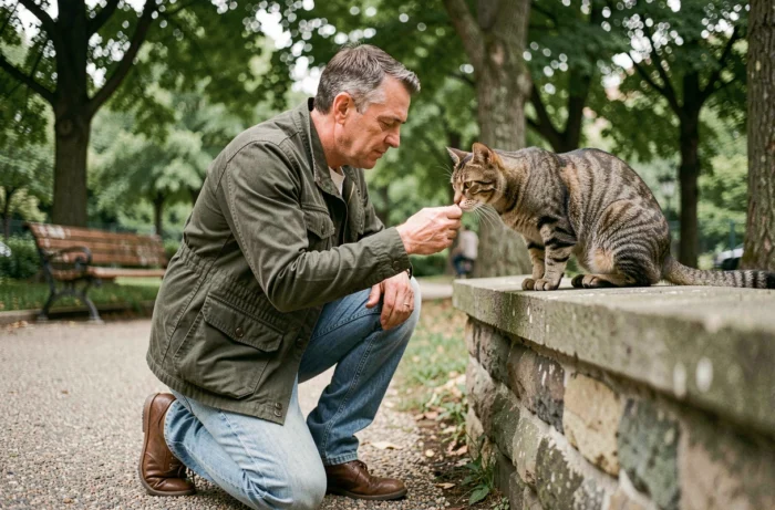 Homme en parc urbain établissant un contact visuel avec un chat tigré sur un muret pour comprendre ses besoins