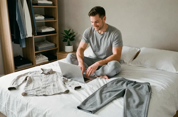 Jeune homme comparant deux tenues tendance et confortables posées sur son lit, avec un ordinateur portable ouvert pour faire des achats en ligne