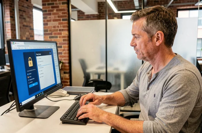 Homme configurant les paramètres de confidentialité sur un ordinateur dans un espace de coworking moderne