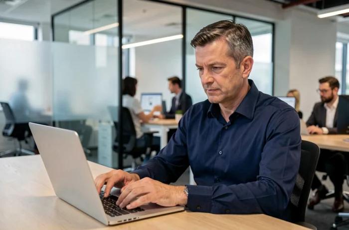 Homme rédigeant un email pour justifier une absence personnelle dans un bureau professionnel
