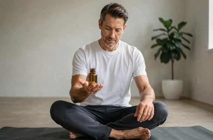 Homme pratiquant la relaxation avec des gélules de compléments naturels pour gérer l'anxiété au quotidien