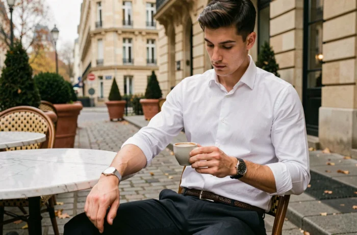 Jeune homme élégant portant une montre minimaliste et une ceinture en cuir tressé assis en terrasse de café parisien en automne