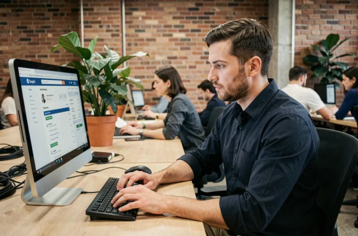 Homme consultant des offres d'emploi adaptées à son profil sur un ordinateur dans un espace de coworking