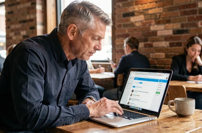 Homme recherchant des ressources sur le site Movie Création depuis un café avec un ordinateur portable
