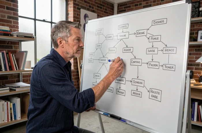 Homme dessinant un plan de site sur un tableau blanc dans un espace de travail créatif