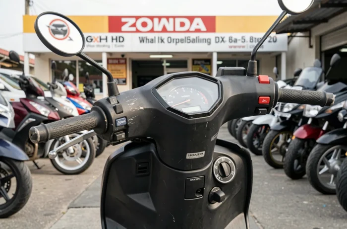 Honda Dax 125 d'occasion exposée dans un concessionnaire de motos usagées, avec vue détaillée sur le tableau de bord et le compteur kilométrique
