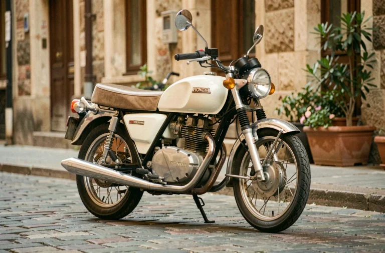 Honda Dax 125 d'occasion garée dans une rue pavée urbaine, vue en 3/4 avant mettant en valeur son design vintage et ses détails chromés
