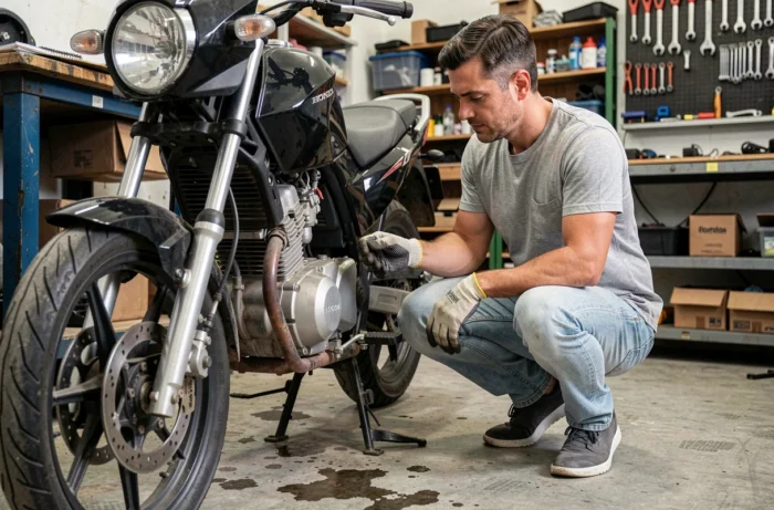Un homme inspectant minutieusement le moteur et le cadre d'une Honda Dax 125 d'occasion dans un garage privé avant achat