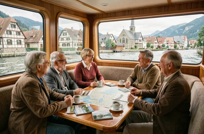 Intérieur d'un bateau de croisière fluviale avec vue panoramique sur un village alsacien à colombages depuis les fenêtres du salon