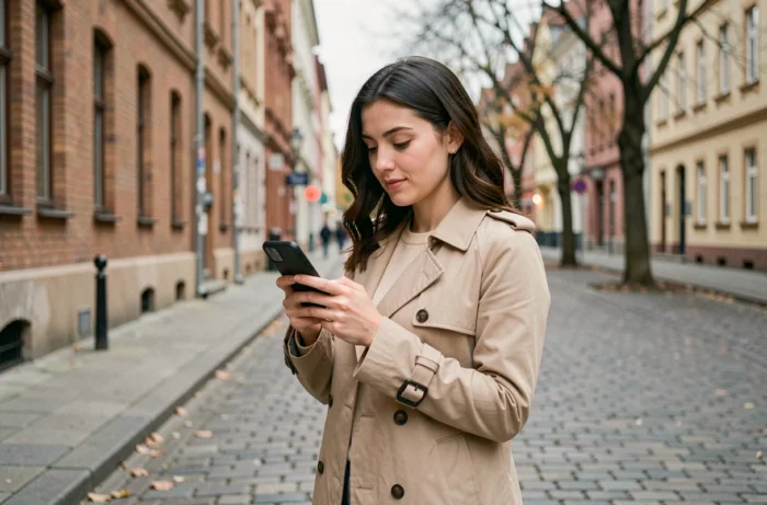 Jeune femme rédigeant un message pour s'excuser d'une absence dans une rue urbaine