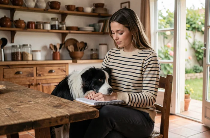 Jeune femme prenant des notes sur les besoins de son border collie dans une cuisine rustique chaleureuse