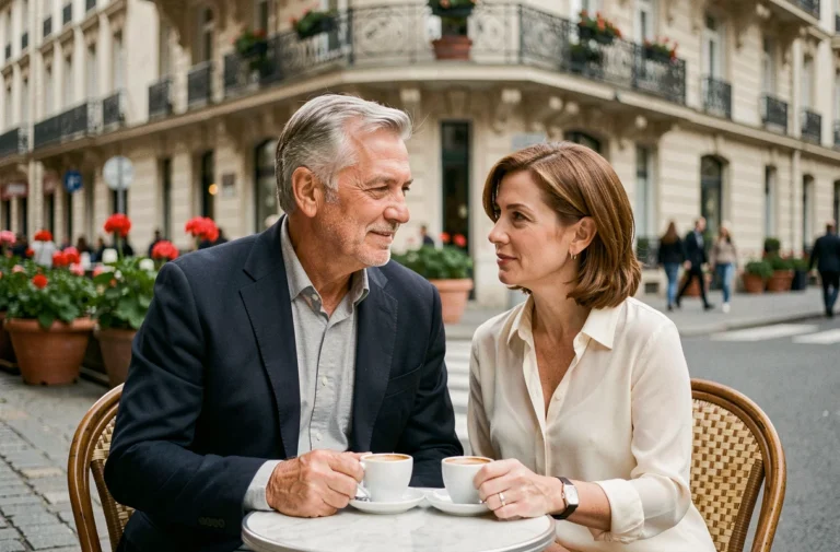 Jonathan Halls et Maryse Burgot attablés à la terrasse d'un café parisien, couple discret partageant un moment complice