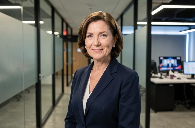 Femme journaliste élégante dans un couloir de studio de télévision, illustrant la carrière médiatique d'une personnalité publique