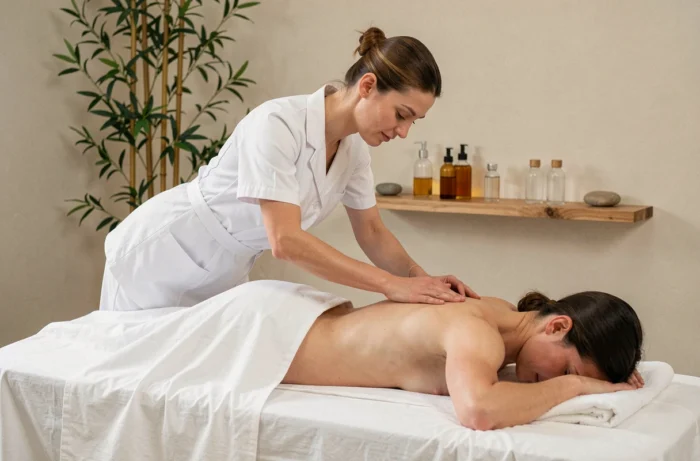 Masseuse professionnelle réalisant un massage du dos sur une table de soin dans un spa épuré aux tons neutres