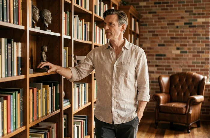 Nicolas Antakis en tenue décontractée devant une bibliothèque dans un bureau chaleureux et culturel