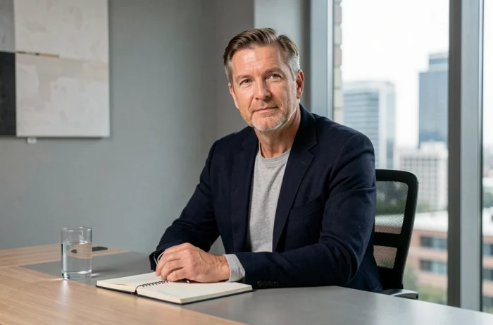 Portrait professionnel de Nicolas Antakis assis à son bureau dans un cadre urbain contemporain