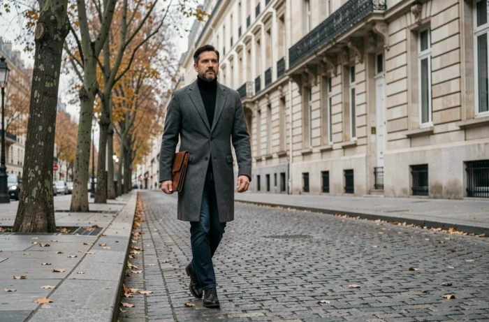 Nicolas Antakis marchant dans une rue pavée d'une ville européenne en automne, allure déterminée