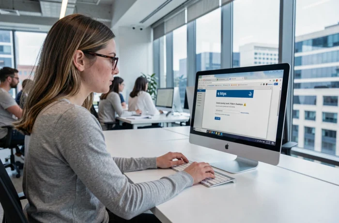 Femme naviguant dans les paramètres de sécurité de Firefox dans un espace de coworking moderne