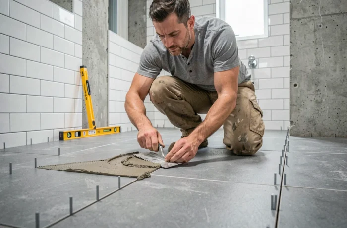 Artisan posant des carreaux en céramique grise dans une salle de bain en cours de rénovation