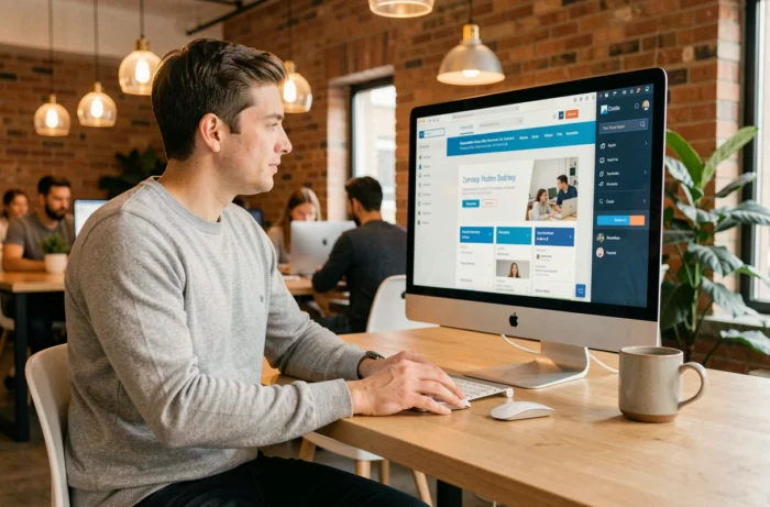 Jeune professionnel travaillant sur des outils innovants de communication digitale dans un espace de coworking