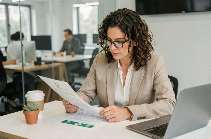 Professionnelle analysant un rapport de certification équitable à son bureau minimaliste, incarnant une démarche responsable dans les services professionnels