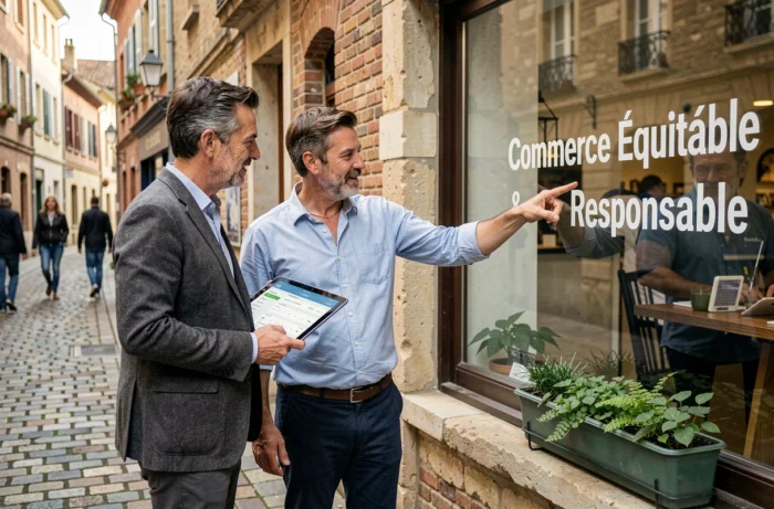 Deux professionnels discutant d'une démarche équitable et responsable devant une boutique locale affichant des engagements de commerce équitable
