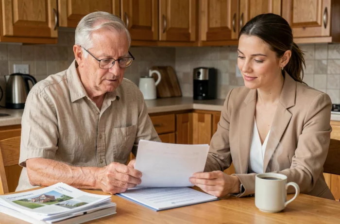 Propriétaire bailleur et conseillère immobilière examinant un contrat de gestion locative à domicile