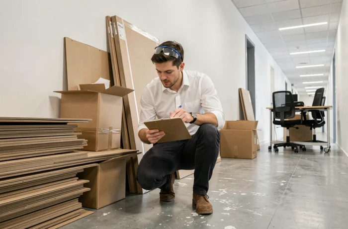 Un homme vérifiant une liste de matériel lors de la réception de mobilier de bureau dans un immeuble commercial à Lyon