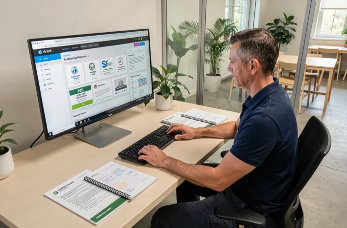Professionnel consultant des ressources en ligne sur les normes de construction durable dans un bureau moderne