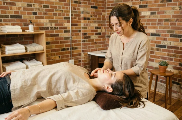 Séance de massage du visage et du cou dans un studio de massage indépendant au décor urbain chaleureux