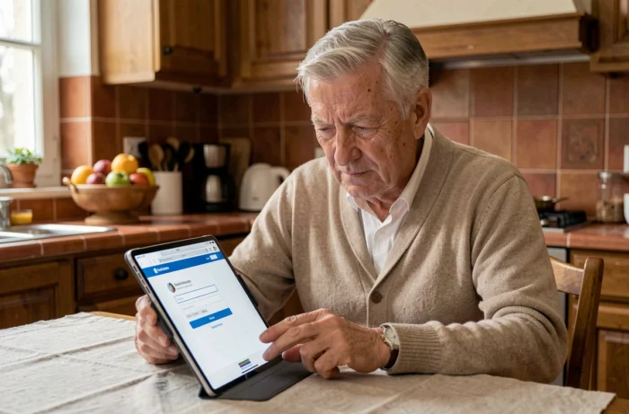 Senior utilisant une tablette pour se connecter facilement à son webmail Numericable depuis sa cuisine
