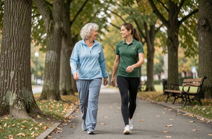 Femme âgée marchant avec une accompagnatrice bien-être dans un parc urbain en automne