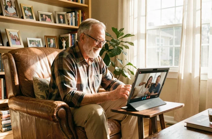Senior homme en vidéoconférence avec sa famille depuis son salon confortable