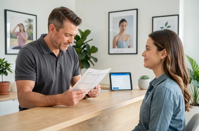 Thérapeute en massage expliquant les tarifs et forfaits à une cliente lors d'une consultation en centre bien-être