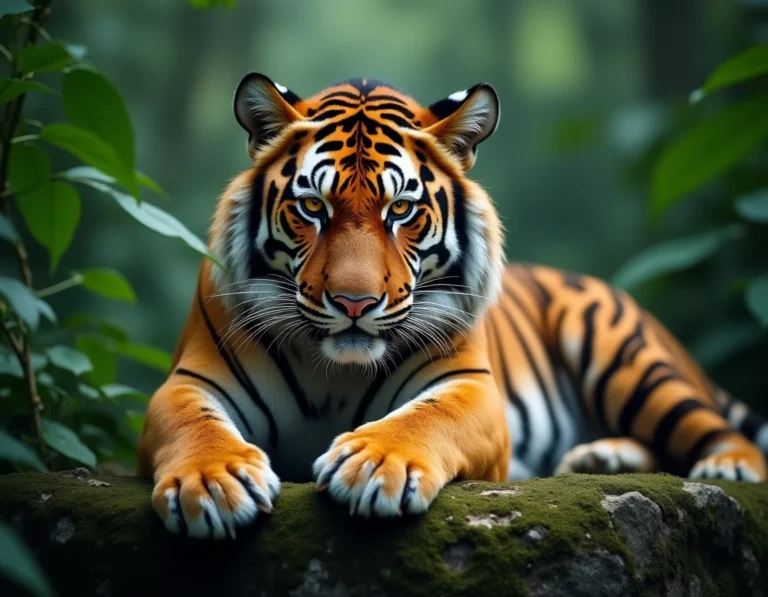Tigre du Bengale majestueux au repos sur un rocher moussu dans la jungle, portrait hyper-réaliste aux détails de fourrure saisissants