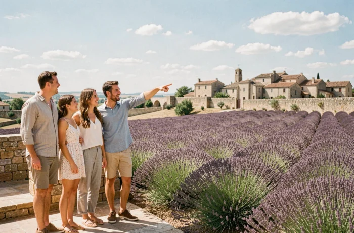 Famille en vacances dans un champ de lavande en Provence avec vue sur un village provençal